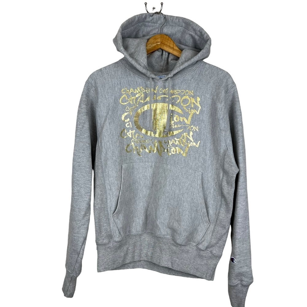 Champion Grey Heavy Reverse Weave Hoodie Gold Letters Kangaroo Pocket Women Sz S